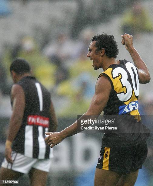 Richard Tambling of the Tigers celebrates a goal during the round 13 AFL match between the Richmond Tigers and the Collingwood Magpies at the...