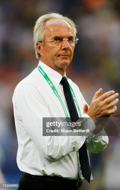 Sven Goran Eriksson manager of England applauds the fans following defeat in the FIFA World Cup Germany 2006 Quarter-final match between England and...