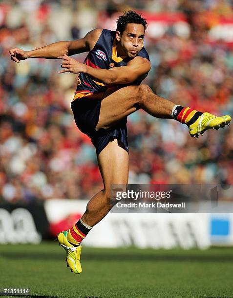 Andrew McLeod of the Crows kicks for goal during the round 13 AFL match between Adelaide and Geelong at AAMI Stadium July 2, 2006 in Adelaide,...