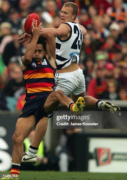 Andrew McLeod of the Crows and Nathan Ablett of Geelong in action during the round 13 AFL match between the Adelaide Crows and the Geelong at AAMI...