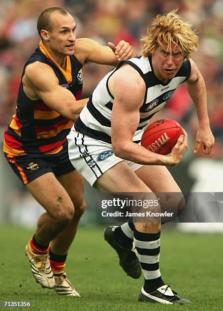 Cameron Ling of the Geelong and Tyson Edwards of the Crows during the round 13 AFL match between the Adelaide Crows and the Geelong at AAMI Stadium...
