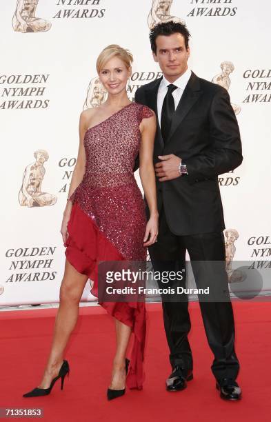 Actors Ashley Jones and Antonio Sabato Jr pose on the red carpet before the closing ceremony of the 46th annual Monte Carlo Television Festival at...