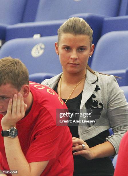 Wayne Rooney's girlfriend, Coleen McLoughlin, looks on from the satnd prior to the FIFA World Cup Germany 2006 Quarter-final match between England...