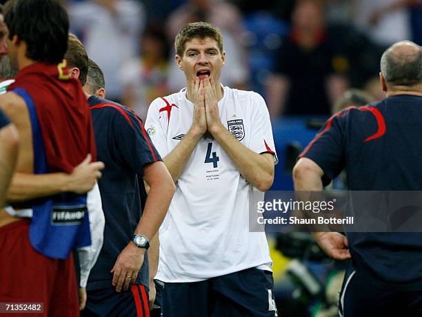 Steven Gerrard of England looks dejected following defeat during the FIFA World Cup Germany 2006 Quarter-final match between England and Portugal...