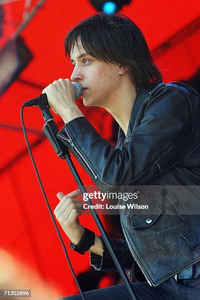 Julian Casablancas of the Strokes performs on stage on the fourth and final day of the Roskilde Festival on Sunday, 2nd of July, 2006 in Roskilde,...