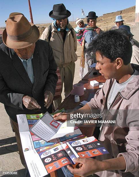 Un jurado electoral le indica a un anciano indigena la diferencia de las dos papeletas de votacion en Kurwisa, a 60 km de la La Paz, Bolivia, el 02...