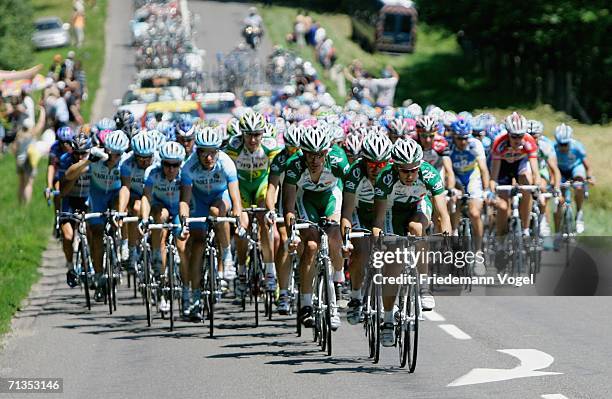 Riders from French Credit Agricole team lead the pack during Stage 1 of the 93rd Tour de France between Strasbourg and Strasbourg on July 2, 2006 in...