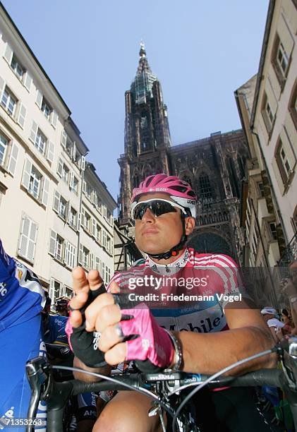 Patrik Sinkewitz of Germany and the T-Mobile Team starts in front of a church in Strasbourg during Stage 1 of the 93rd Tour de France between...