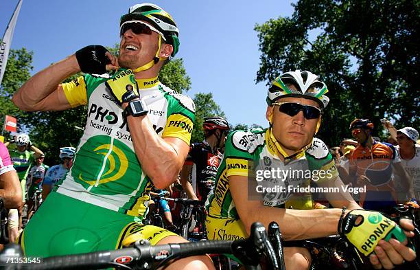 Floyd Landis of the USA and Bert Grabsch of Germany and the Phonak Team relaxes before Stage 1 of the 93rd Tour de France between Strasbourg and...