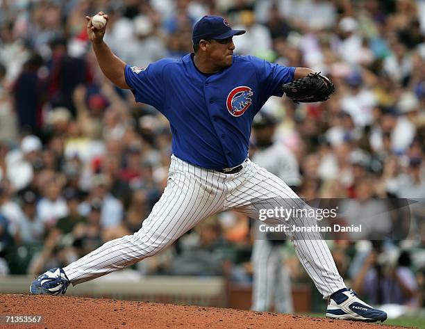 Starting pitcher Carlos Zambrano of the Chicago Cubs delivers the ball against Chicago White Sox on July 2, 2006 at Wrigley Field in Chicago,...