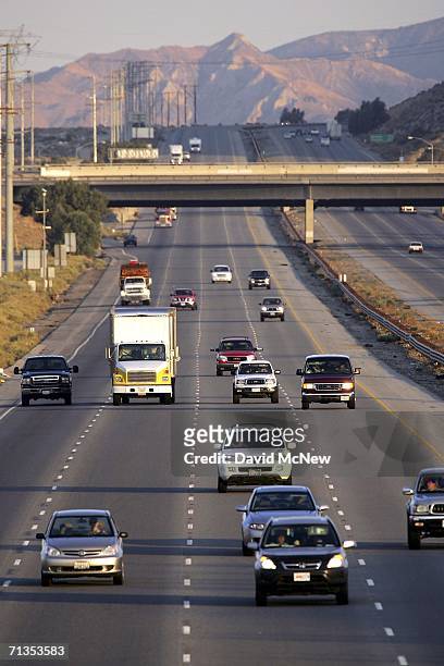 Cars and trucks travel Interstate 10 near the San Andreas Fault, the main traffic and freight route from Los Angeles-area cities toward Arizona, on...