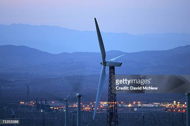 The metropolitan Palm Springs area is seen behind wind-power generators near the San Andreas Fault before sunrise on July 2, 2006 near Palm Springs,...