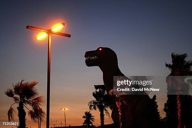 Roadside attraction dinosaur towers over the desert near the San Andreas Fault on July 1, 2006 in Cabazon, California. Scientists have warned that...