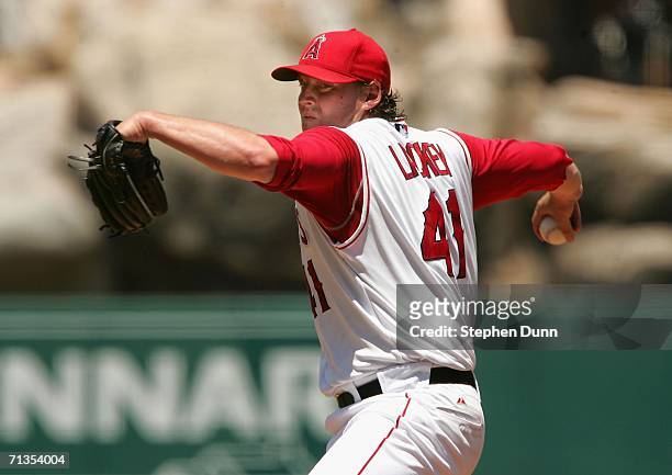 Starting pitcher John Lackey of the Los Angeles Angels of Anaheim throws a pitch against the Los Angeles Dodgers on July 2, 2006 at Angel Stadium of...