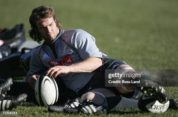 Jason Eaton relaxes follwing an All Blacks training session at Rugby Park on July 03, 2006 in Christchurch, New Zealand. The All Blacks play the...