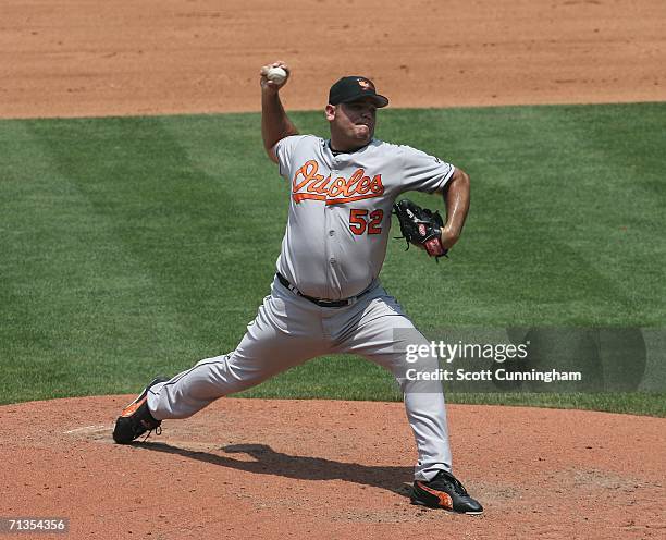 Chris Britton of the Baltimore Orioles pitches against the Atlanta Braves at Turner Field on July 2, 2006 in Atlanta, Georgia. The Braves defeated...