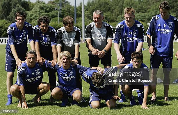 The new players from Schalke Mathias Abel, Halil Altintop, Assistant coach Nestor Jevtic, head coach Mirko Slomka, Manuel Neuer and Sebastian...