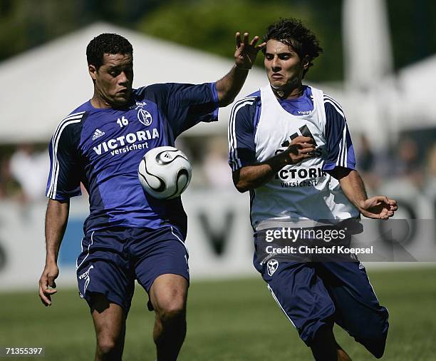 Dario Rodriguez tackles Halil Altintop during the FC Schalke 04 training session at the Training Ground on July 3, 2006 in Gelsenkirchen, Germany.