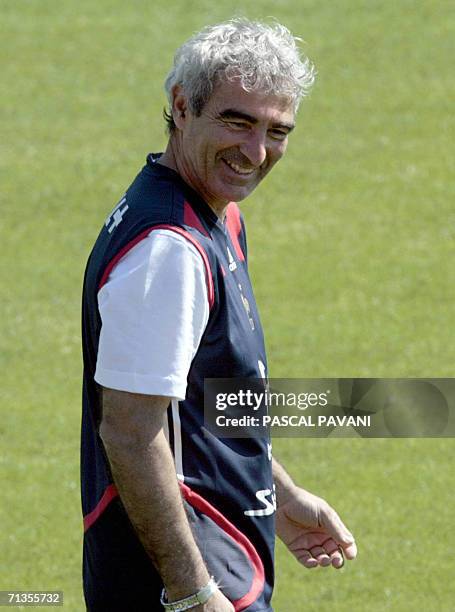 French coach Raymond Domenech smiles during a team training session at Weserbergland Stadium in Hameln, 03 July 2006. France on 01 July defeated...