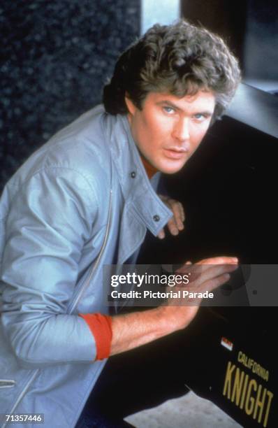 American actor David Hasselhoff, wearing a leather jacket, as Michael Knight in the NBC television series 'Knight Rider', early 1980s.