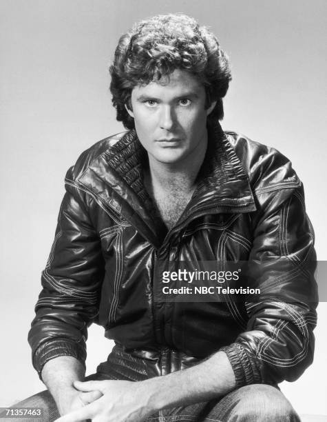 American actor David Hasselhoff, wearing a leather jacket, as Michael Knight in the NBC television series 'Knight Rider', 1982.