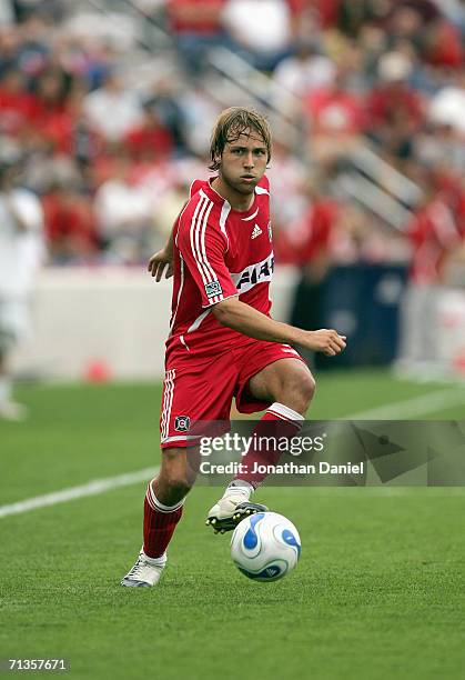 Justin Mapp of the Chicago Fire controls the ball during the game against the New York Red Bulls on June 25, 2006 at Toyota Park in Bridgeview,...