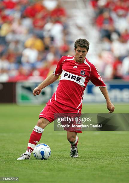 Logan Pause of the Chicago Fire controls the ball during the game against the New York Red Bulls on June 25, 2006 at Toyota Park in Bridgeview,...