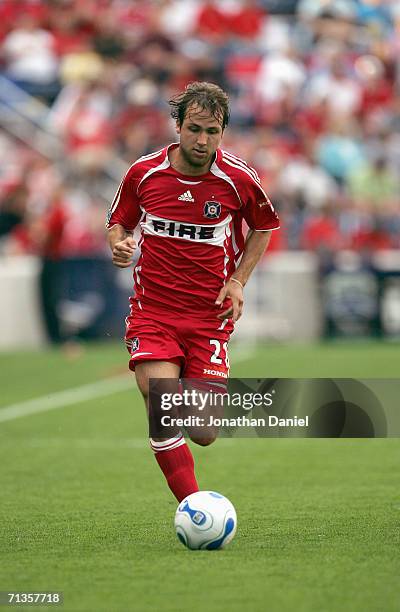 Justin Mapp of the Chicago Fire controls the ball during the game against the New York Red Bulls on June 25, 2006 at Toyota Park in Bridgeview,...