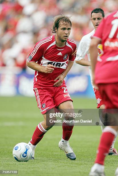 Justin Mapp of the Chicago Fire controls the ball during the game against the New York Red Bulls on June 25, 2006 at Toyota Park in Bridgeview,...