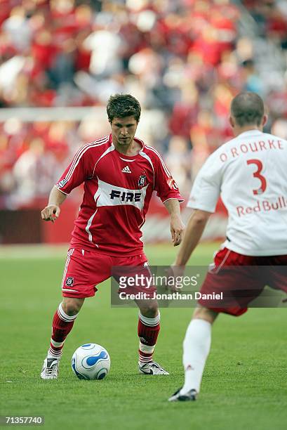 Logan Pause of the Chicago Fire controls the ball during the game against the New York Red Bulls on June 25, 2006 at Toyota Park in Bridgeview,...