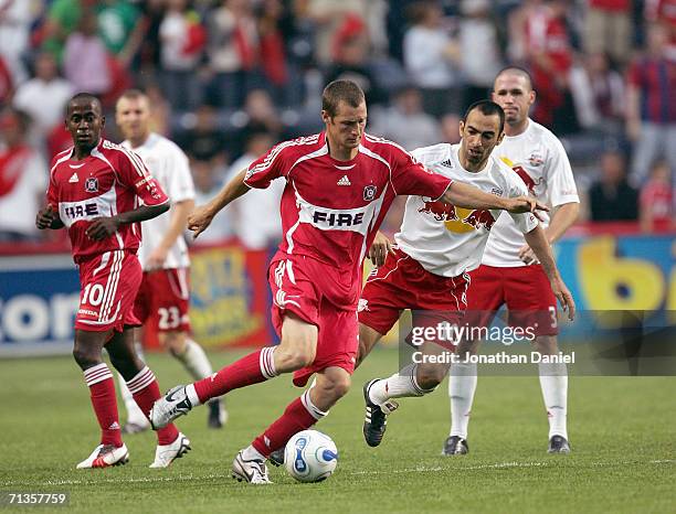 Nate Jaqua of the Chicago Fire controls the ball during the game against the New York Red Bulls on June 25, 2006 at Toyota Park in Bridgeview,...