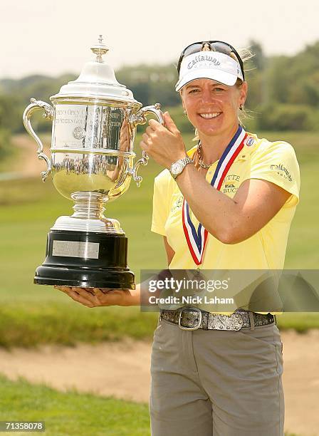 Annika Sorenstam of Sweden holds the US Open Championship trophy after the playoff of the 2006 U.S. Women's Open on July 3, 2006 at Newport Country...