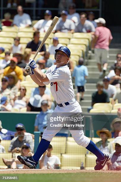 Drew of the Los Angeles Dodgers swings at the pitch during the game against the Philadelphia Phillies at Dodger Stadium on June 4, 2006 in Los...
