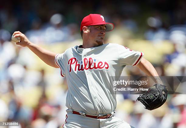 Pitcher Brett Myers of Philadelphia Phillies pitches against the Los Angeles Dodgers in the third inning at Dodger Stadium on June 4, 2006 in Los...