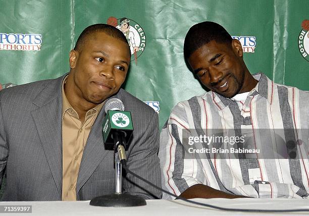 Sebastian Telfair and Theo Ratliff of the Boston Celtics attend a press conference on July 3, 2006 at the Celtics practice facility in Waltham,...