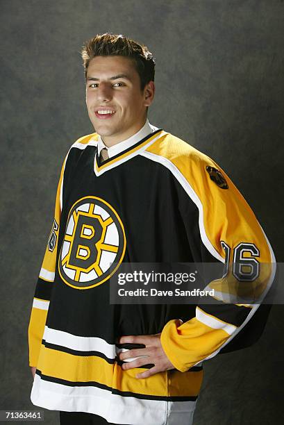 Milan Lucic of the Boston Bruins poses for a portrait backstage at the 2006 NHL Draft held at General Motors Place on June 24, 2006 in Vancouver,...