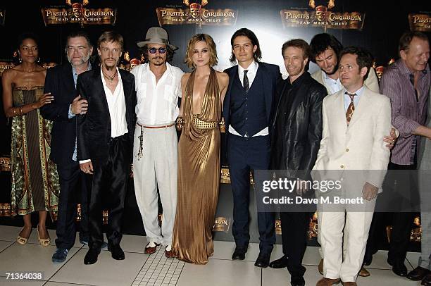 The cast, including Naomie Harris, Kevin McNally, Mackenzie Crook, Johnny Depp, Keira Knightley, Orlando Bloom, director Jerry Bruckheimer, Jack...