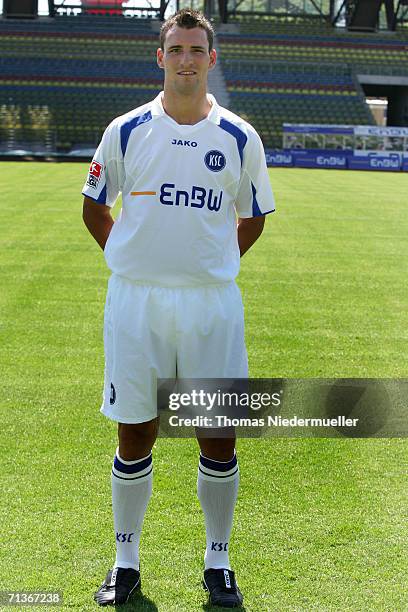 Mario Eggimann poses during the Bundesliga 2nd Team Presentation of Karlsruher SC at the Wildpark Stadium on July 3, 2006 in Karlsruhe, Germany.