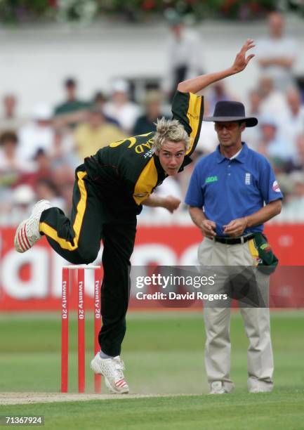 Stuart Broad of Leicestershire bowls during the Twenty20 match between Nottinghamshire Outlaws and Leicestershire Foxes at Trent Bridge on July 4,...