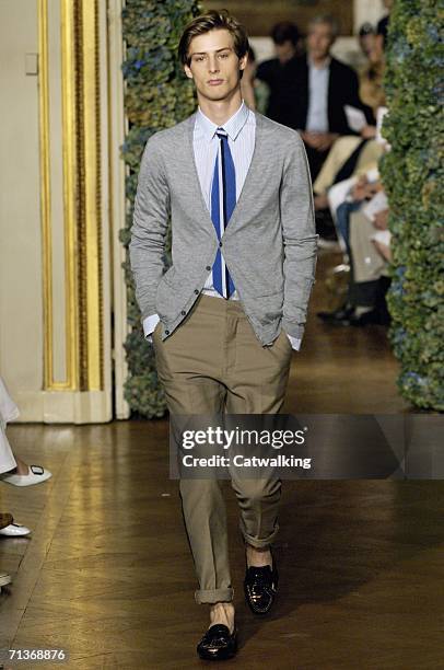 Model walks down the runway at the Lanvin show as part of Paris Menswear Spring/Summer 2007 Collections on July 3, 2006 in Paris, France.