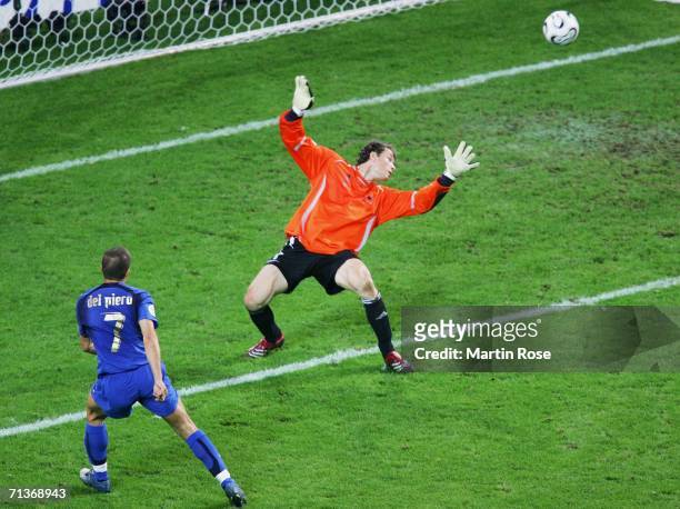 Alessandro Del Piero of Italy scores his team's second goal in extra time past Jens Lehmann of Germany during the FIFA World Cup Germany 2006...