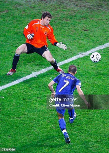 Alessandro Del Piero of Italy scores his team's second goal in extra time past Jens Lehmann of Germany during the FIFA World Cup Germany 2006...