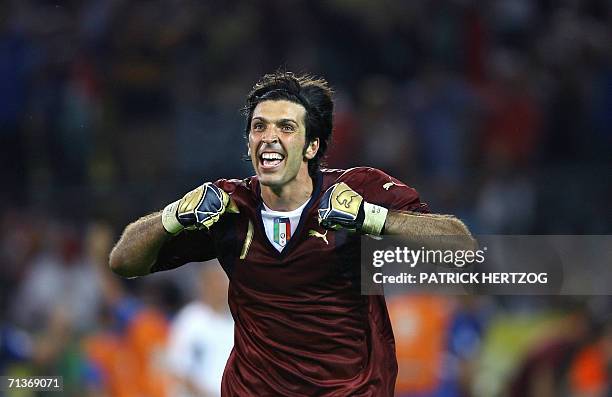 Italian goalkeeper Gianluigi Buffon celebrates at the end of the World Cup 2006 semi final football game Germany vs. Italy, 04 July 2006 at Dortmund...