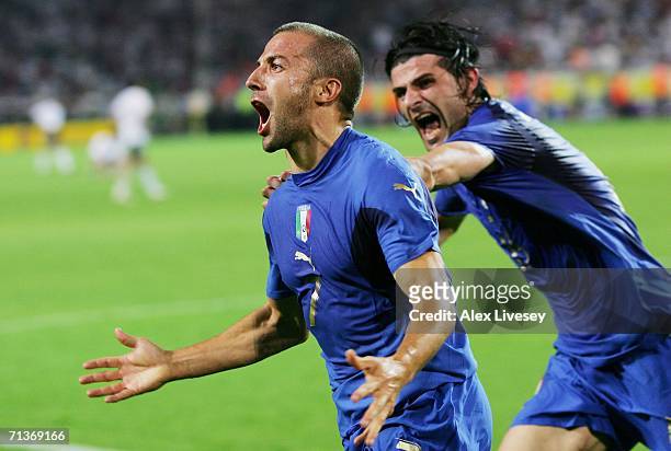 Alessandro Del Piero of Italy celebrates scoring his team's second goal in extra time with team mate Vincenzo Iaquinta during the FIFA World Cup...