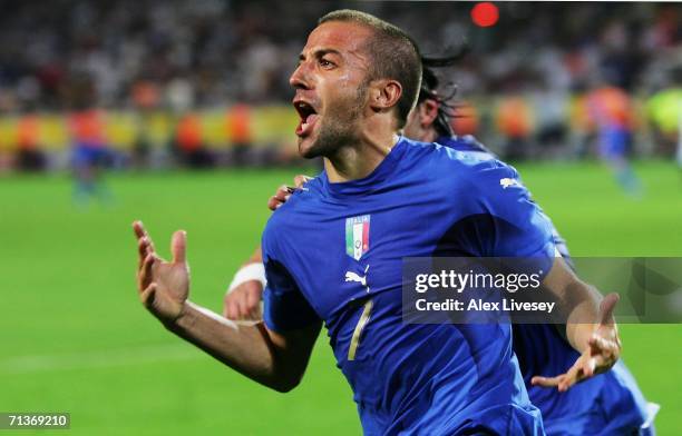 Alessandro Del Piero of Italy celebrates scoring his team's second goal in extra time during the FIFA World Cup Germany 2006 Semi-final match between...