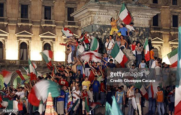 View of Piazza del Duomo full of Italian fans celebrate after the FIFA worldcup 2006 semi-final match between Germany and Italy on July 4, 2006 in...