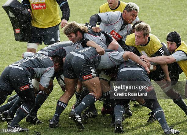 Jason Eaton, Jery Collins, Greg Rawlinson and Andrew Hore push against a rolling maul during an All Blacks training session at Rugby Park on July 05,...