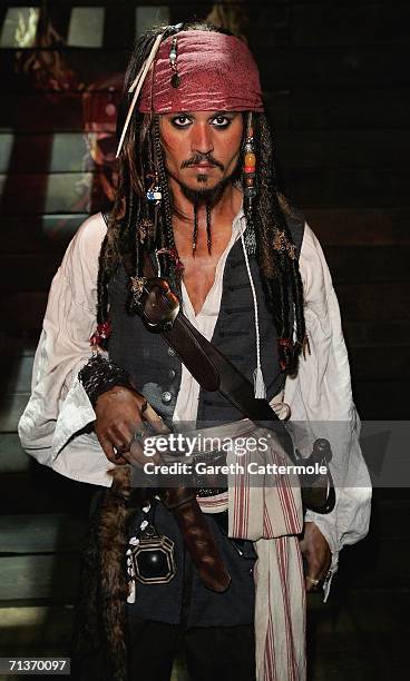 Waxwork model of Johnny Depp as Captain Jack Sparrow from Pirates of The Caribbean: Dead Man's Chest forms part of an interactive attraction at...