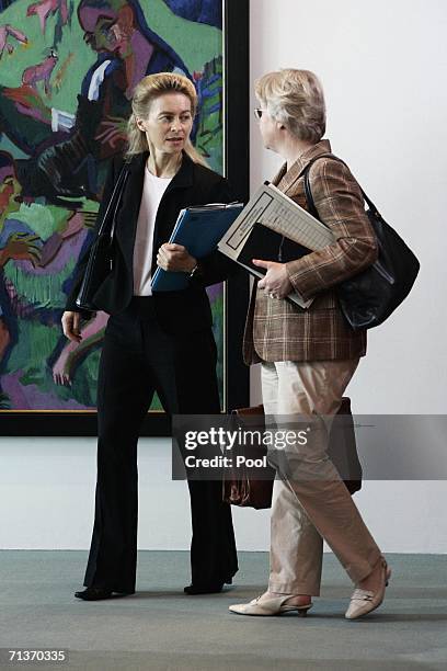 German Family Minister Ursula von der Leyen and German Education Minister Annette Schavan arrive for the weekly German government cabinet meeting on...