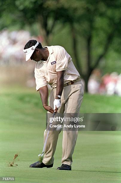 Vijay Singh chips his ball during the PGA Championship, part of the PGA Tour at the Valhalla Golf Club in Louisville, Kentucky.Mandatory Credit: Andy...